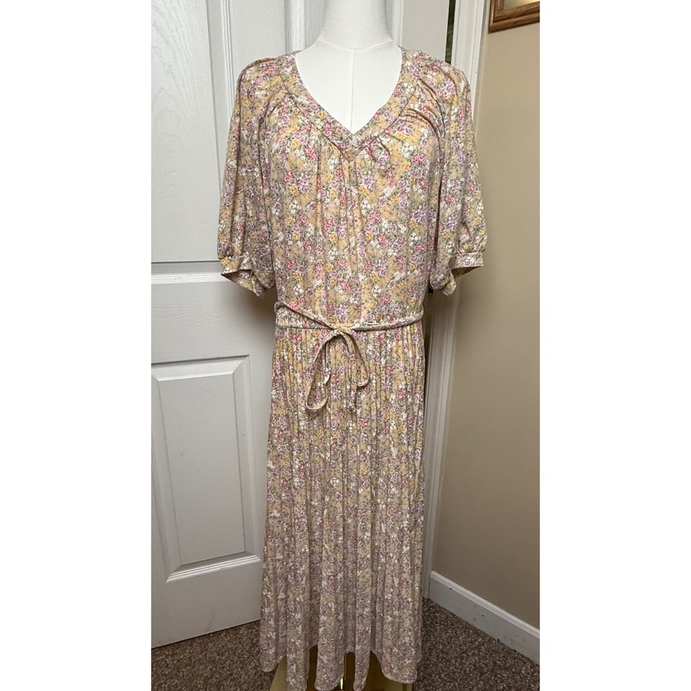 Vintage Jody of California Floral Midi Dress V-Neck Puff Sleeve Cottagecore Pink